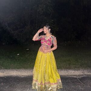 Vibrant Yellow and Pink Embroidered Lehenga